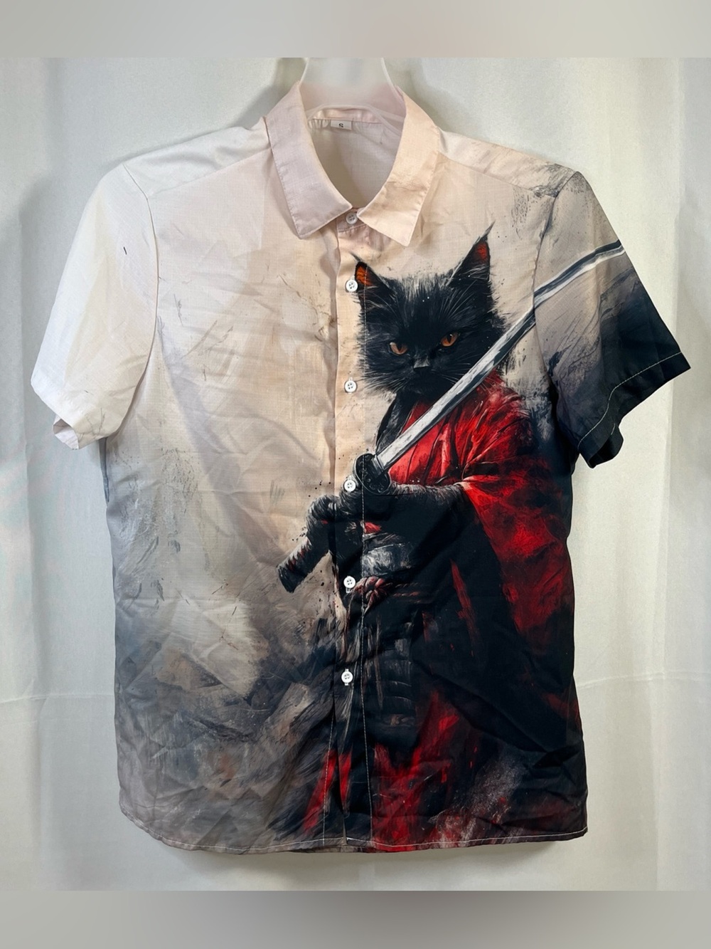 Japanese hawaiian Men's  Samurai Cat Shirt  Short Sleeve Ukiyo Style Small